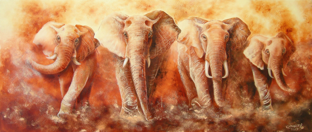 Elephant Safari 150x65, oil / canvas.