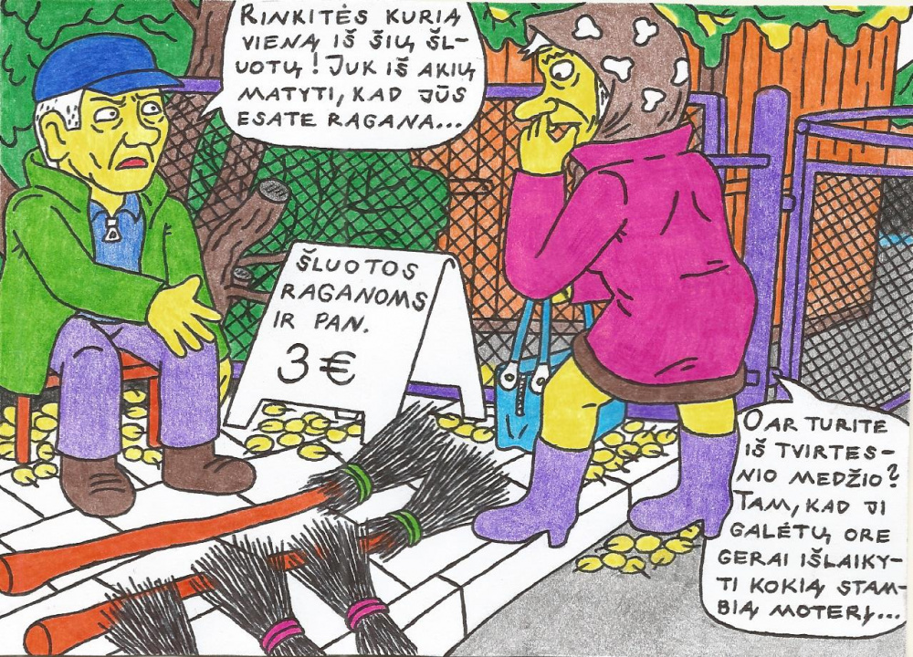 Burtininkė Nukliopa turguje apžiūrinėja šluotas