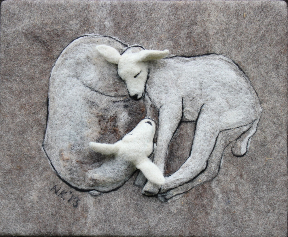 Needle felted relief picture "Lambs"