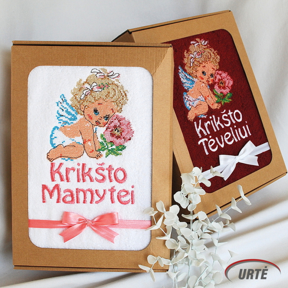 Dovana krikšto tėvams - siuvinėti rankšluosčiai - Angeliuko gėlytė