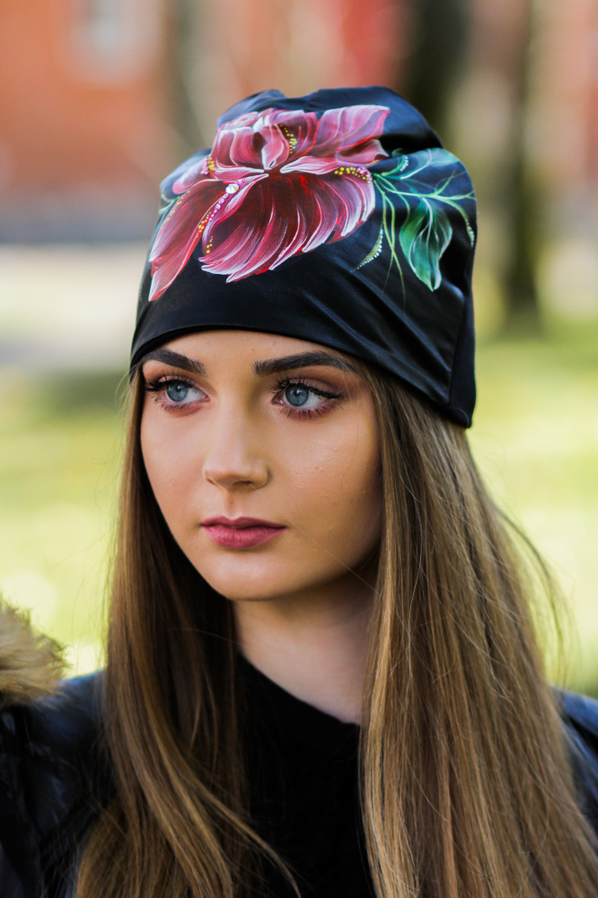 Cotton and Faux Leather beanie - "Rose blossom"