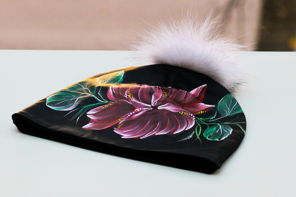 Cotton and Faux Leather beanie - "Rose blossom" picture no. 2