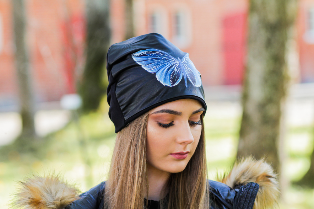 Cotton and Faux Leather beanie - "Blue Butterfly" picture no. 3