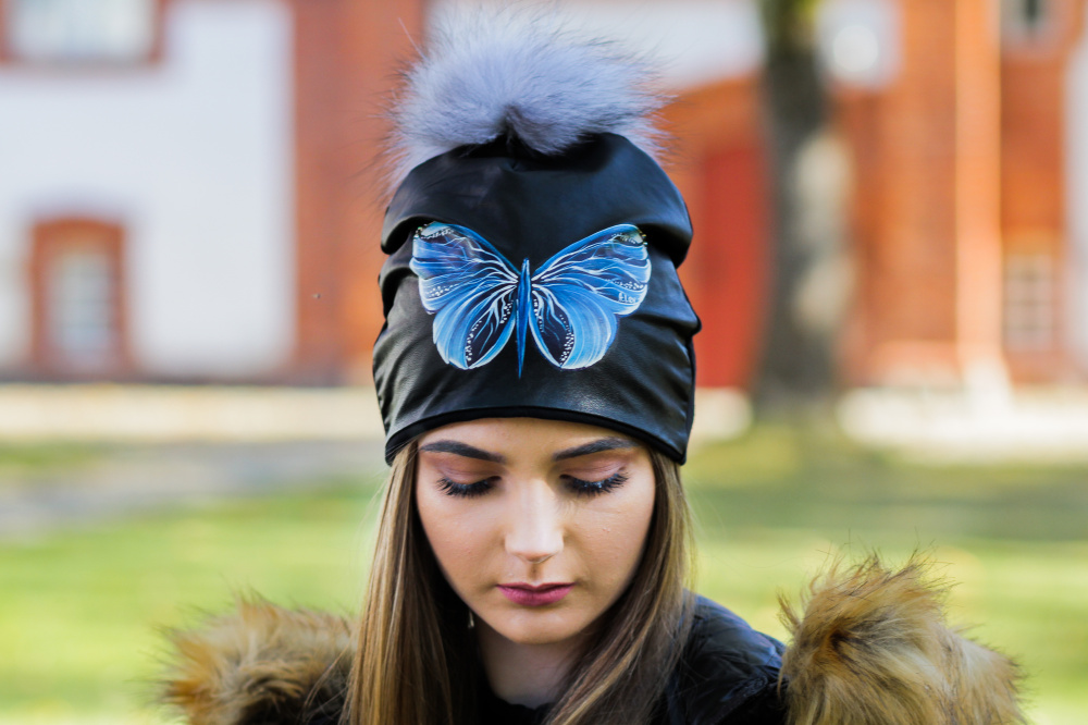 Cotton and Faux Leather beanie - "Blue Butterfly"