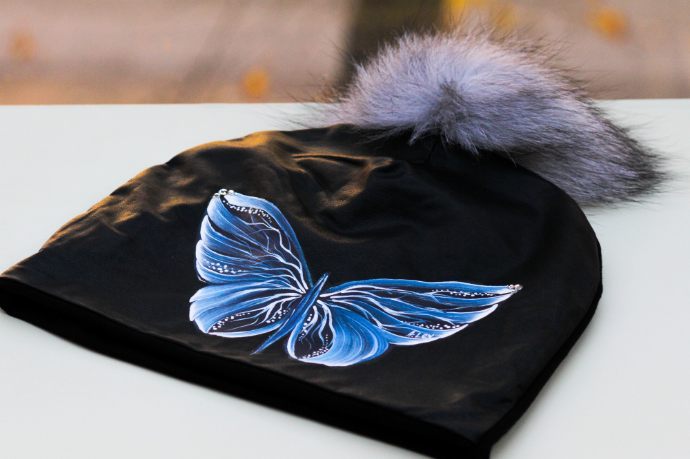 Cotton and Faux Leather beanie - "Blue Butterfly" picture no. 2