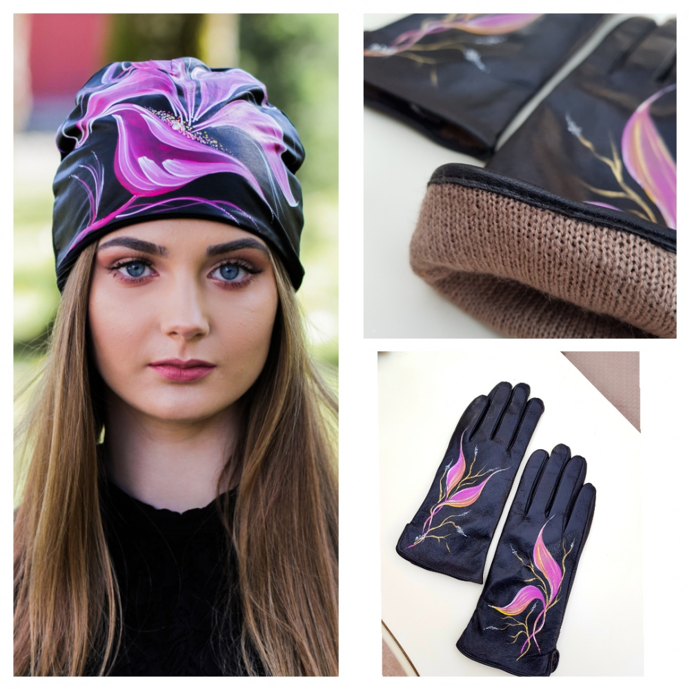Cotton and Faux Leather set: Beanie and gloves "Purple blossom"