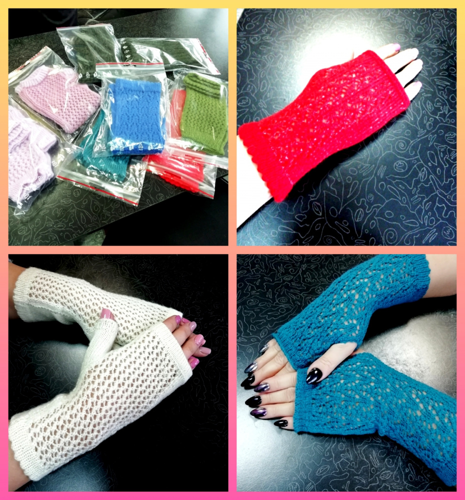 White, blue, green, pink, salad fingerless mitts