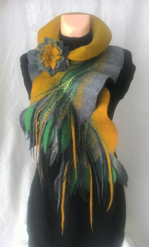 Gray yellow felted scarf