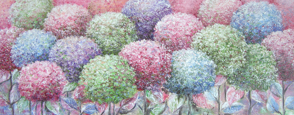 Spalvingos hortenzijos 100x40 al.drobė