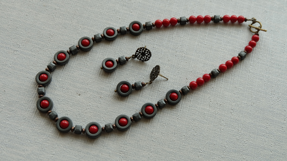 Set - Hematite & Coral Necklace & Earrings ...