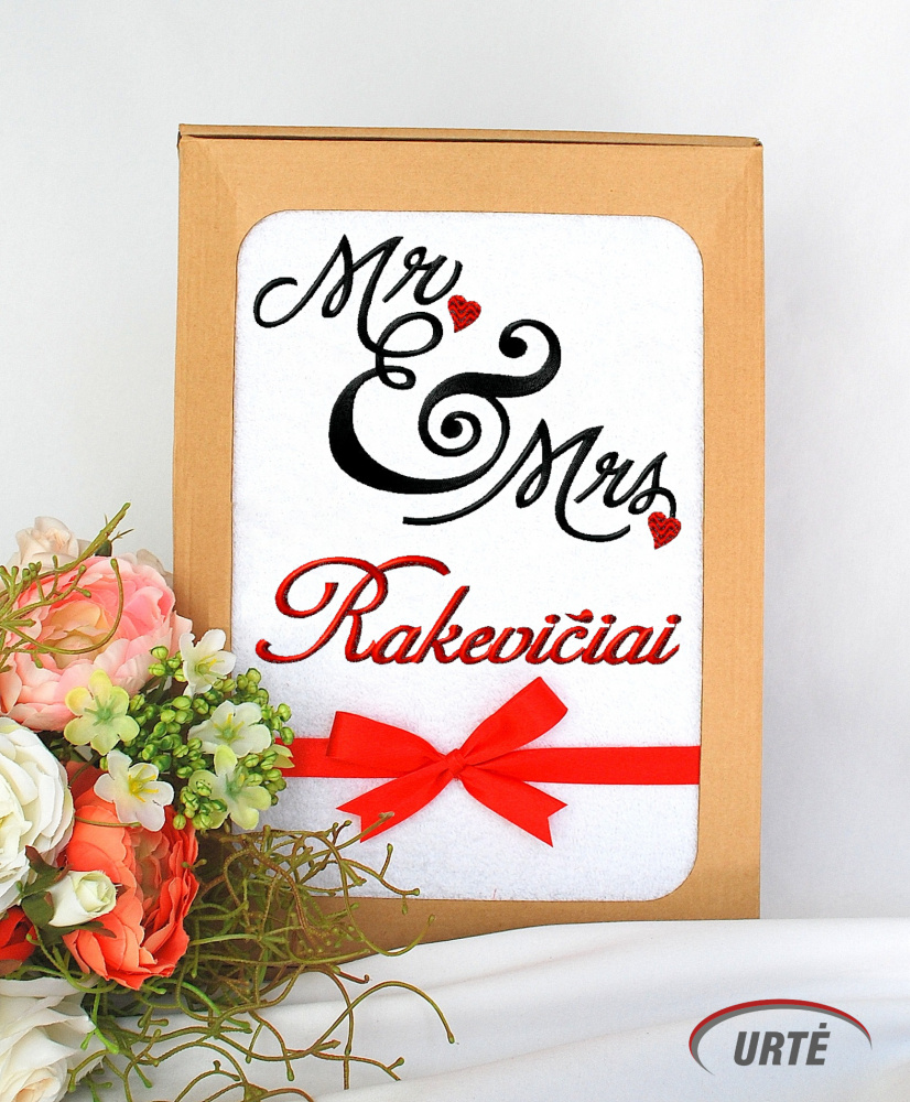Ebroidered towel in box for Mr. and Mrs.