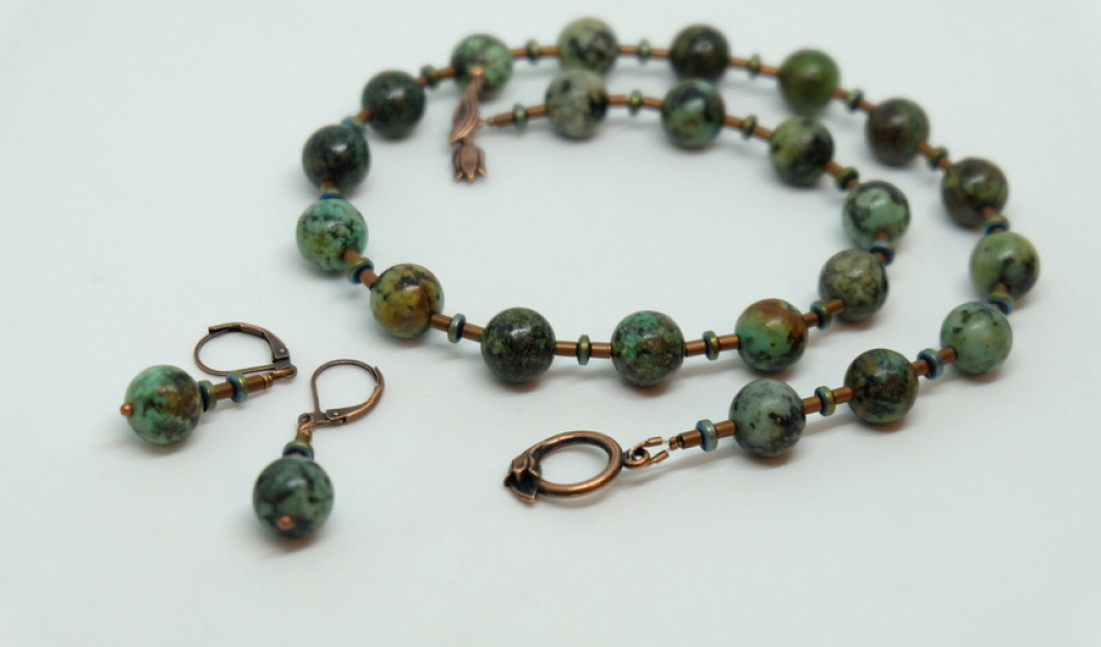 Set - natural African turquoise and hematite necklace and earrings ...