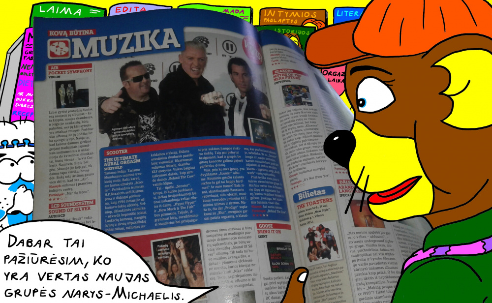 Nycietis Džerijus parduotuvėje skaito žurnale apie grupės "Scooter" išleistą naują albumą