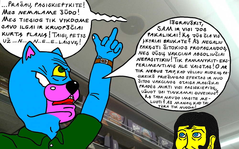 Batuotas Katinas atvirai peikia ir niekina Koronos skiepų propagavimą miesto parduotuvėse