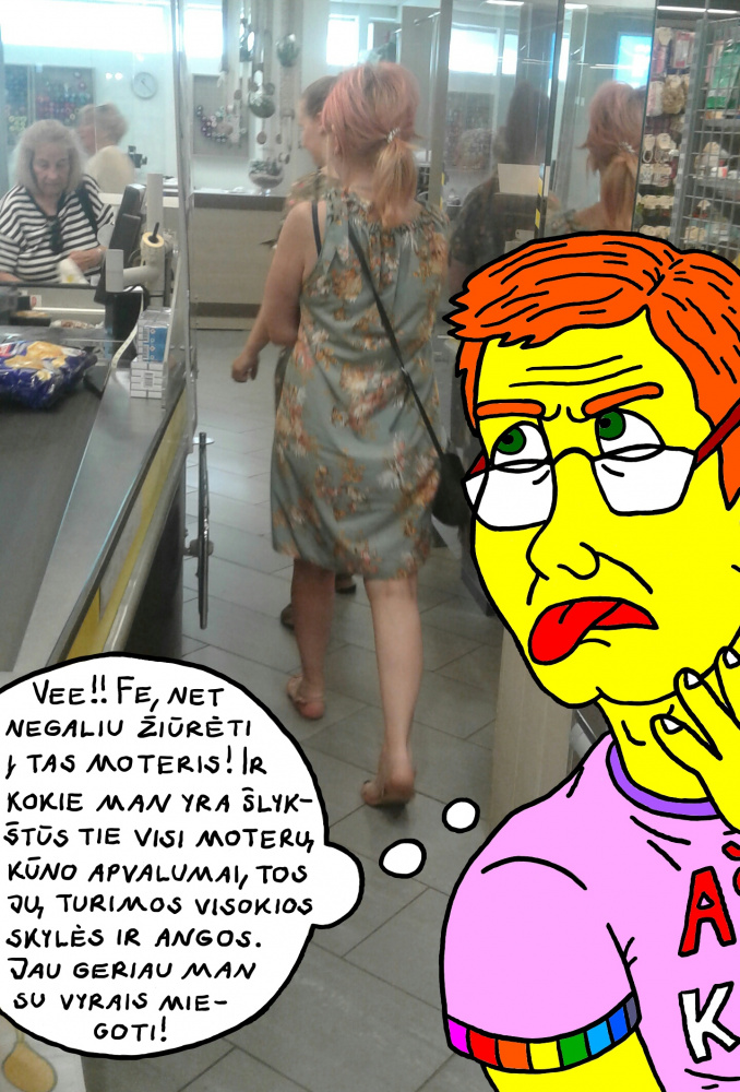 Gėjus daktaras Kakarinijus Striochala parduotuvėje "Iki" atvirai šlykštisi moters kūnu