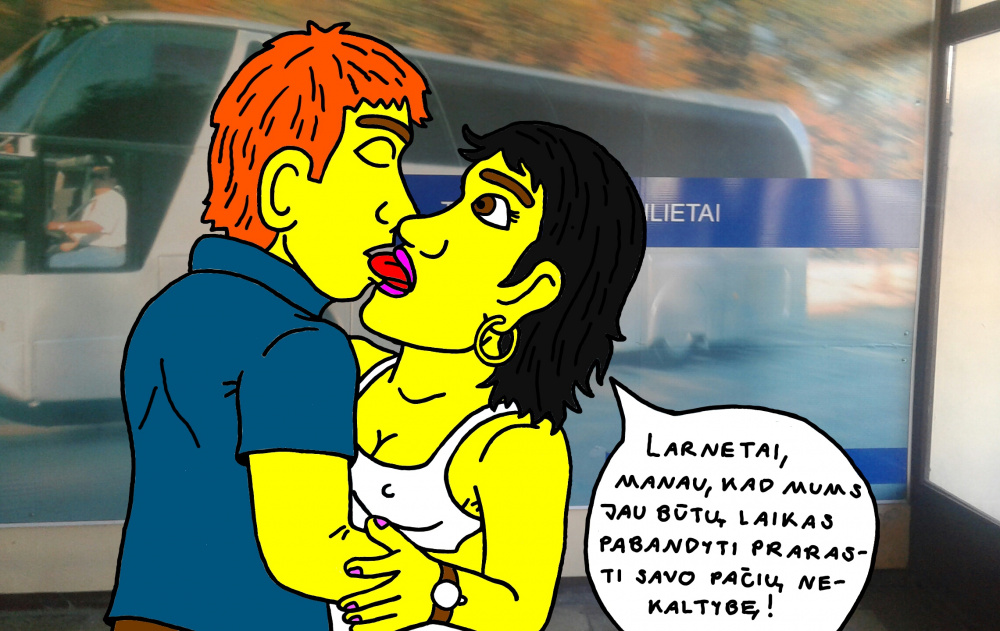 Burtininkas Larnetas ir Viltė Asalibeteraitė karštai bučiuojasi Panevėžio autobusų stotyje