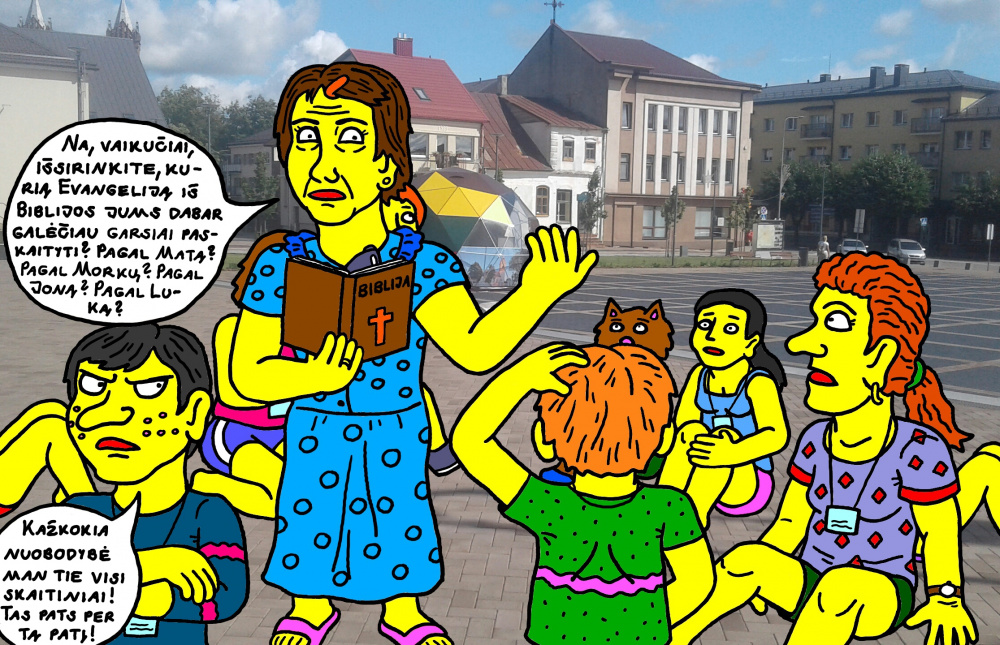 Davatka Vida Lajūnienė per stovyklą Kupiškio aikštėje skaito vaikams iš "Biblijos"