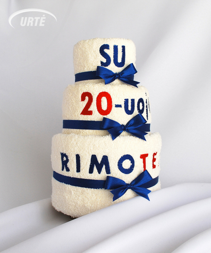Dovana įmonės jubiliejui - rankšluosčių tortas - logotipo siuvinėjimas