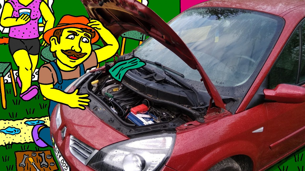 "Papyvesio" sodybos prižiūrėtojas Pranas kieme bando remontuoti savo naują "Renault"