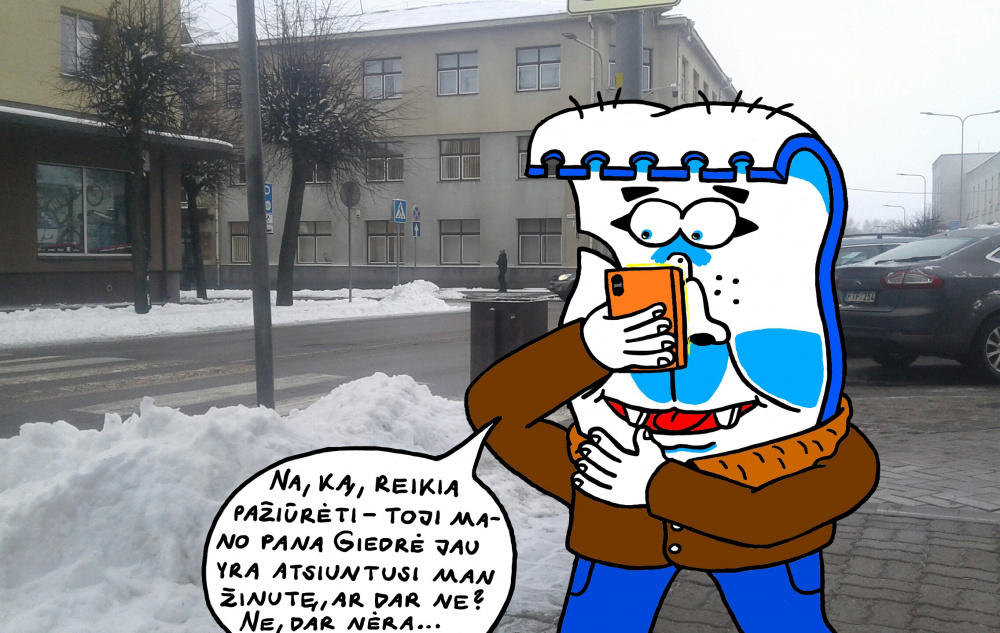 Popierius Popierėnas smagiai eina sau per Kupiškio miestą