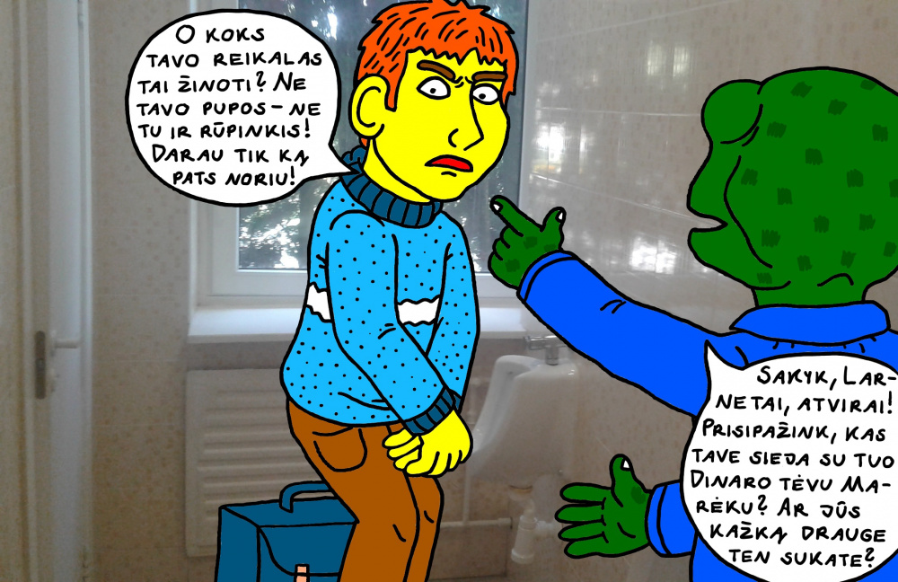 Jaunasis burtininkas Larnetas kalbasi su klasioku Smartu savo "Profesinės mokyklos" tualete