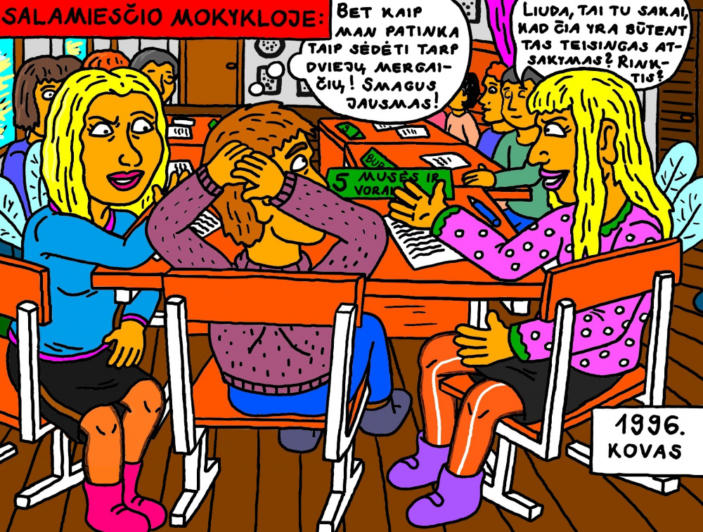 Senas, mokyklinis Salamiesčio prisiminimas apie mokykloje įvykusią knygos šventę mokiniams