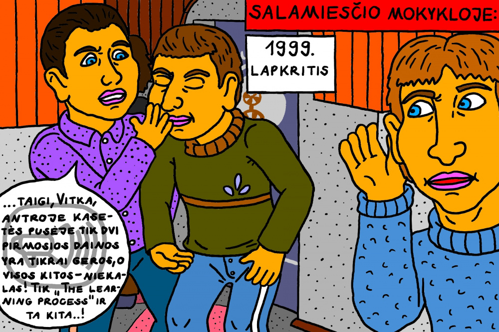Senas, mokyklinis Salamiesčio prisiminimas apie koridoriuje nugirstą dviejų klasiokų slaptą pokalbį