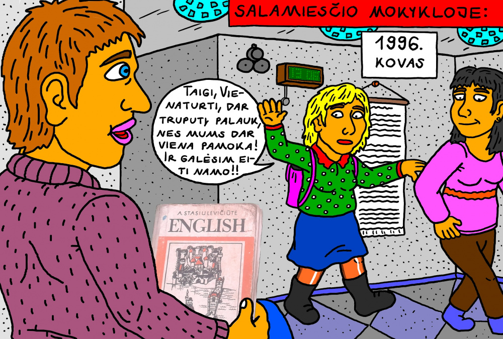 Senas, mokyklinis Salamiesčio prisiminimas apie laukimą foje, kol baigsis aštuntokėms pamokos