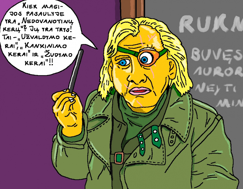 Hogvartso profesorius Alastoras Rukna pasakoja per pamoką klasei apie "Nedovanotinus kerus"