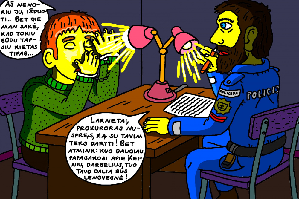 Kupiškio policininkas apklausos metu iš burtininko Larneto paima parodymus apie chuliganą Marėką