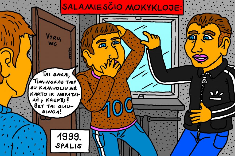 Senas, mokyklinis Salamiesčio prisiminimas apie klasiokus, rymančius per pertrauką prie vyrų tualeto
