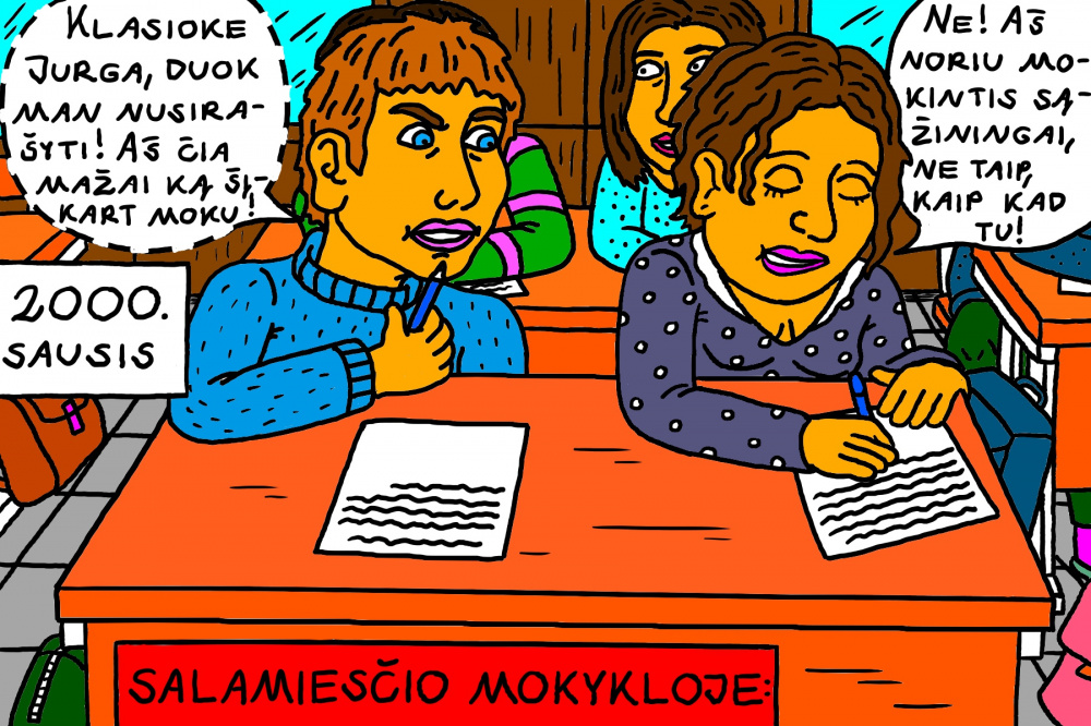 Senas, mokyklinis Salamiesčio prisiminimas apie bandymus nusirašyti klasėje per kontrolinį darbą