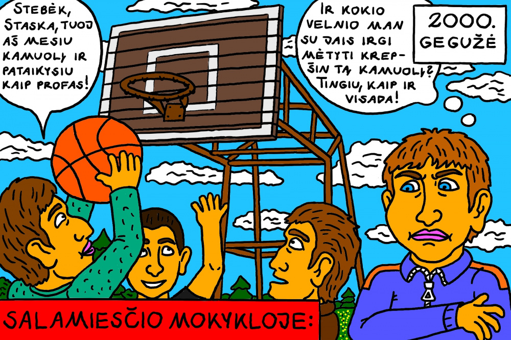 Senas, mokyklinis Salamiesčio prisiminimas apie fizinio lavinimo pamoką mokyklos lauko stadione