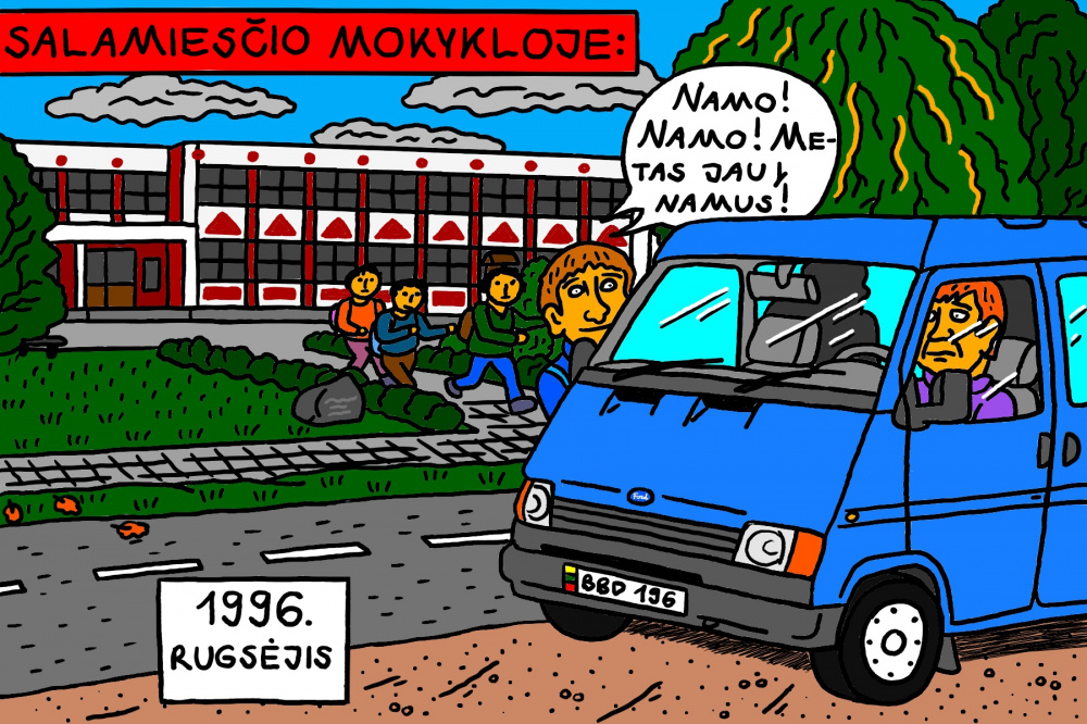 Senas, mokyklinis Salamiesčio prisiminimas apie bėgimą po pamokų į mokyklos autobusą