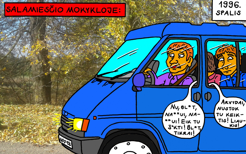 Senas, mokyklinis Salamiesčio prisiminimas apie važiavimą po pamokų namo su mokyklos autobusu