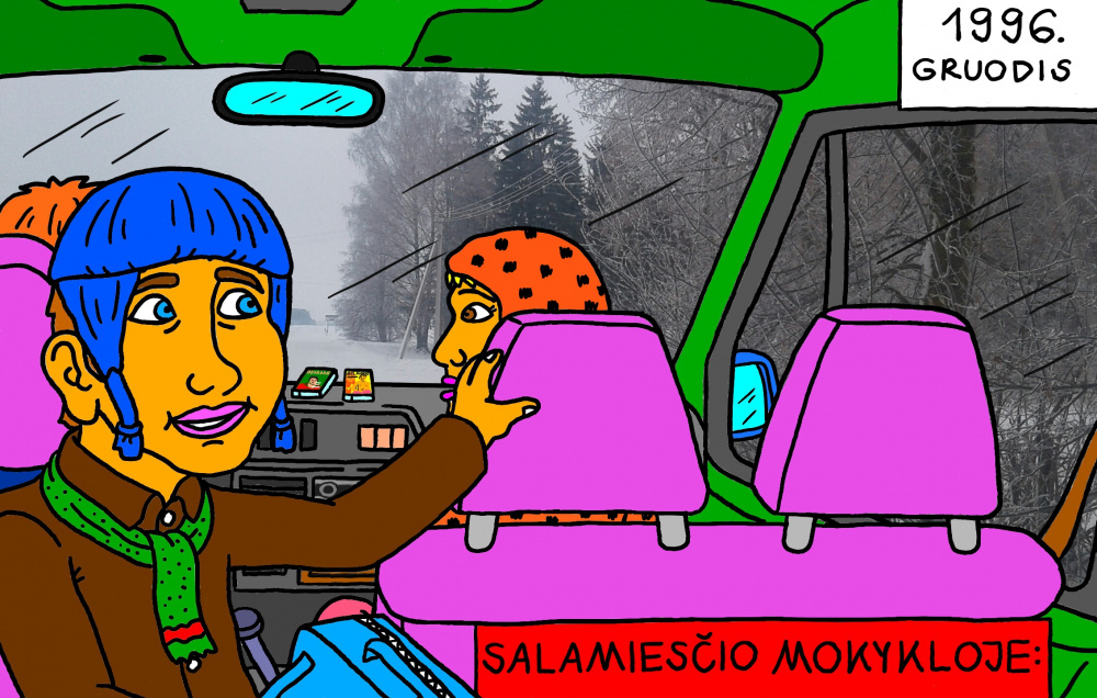 Senas, mokyklinis Salamiesčio prisiminimas apie rytinį važiavimą į mokyklą su jos autobusu