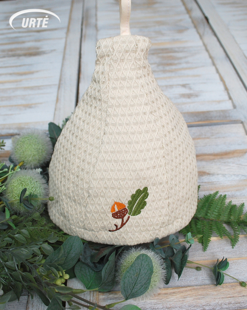 Linen sauna hat with embroidered oak acorn