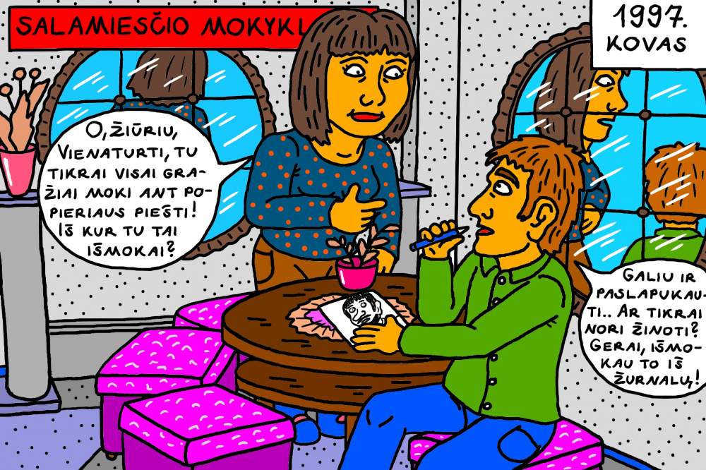 Senas, mokyklinis Salamiesčio prisiminimas apie pasikalbėjimą su septintoke mergaite mokyklos foje