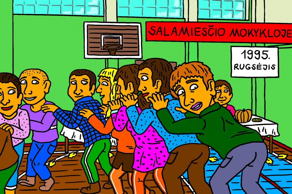 Senas, mokyklinis Salamiesčio prisiminimas apie Rudenėlio šventę mokyklos sporto salėje