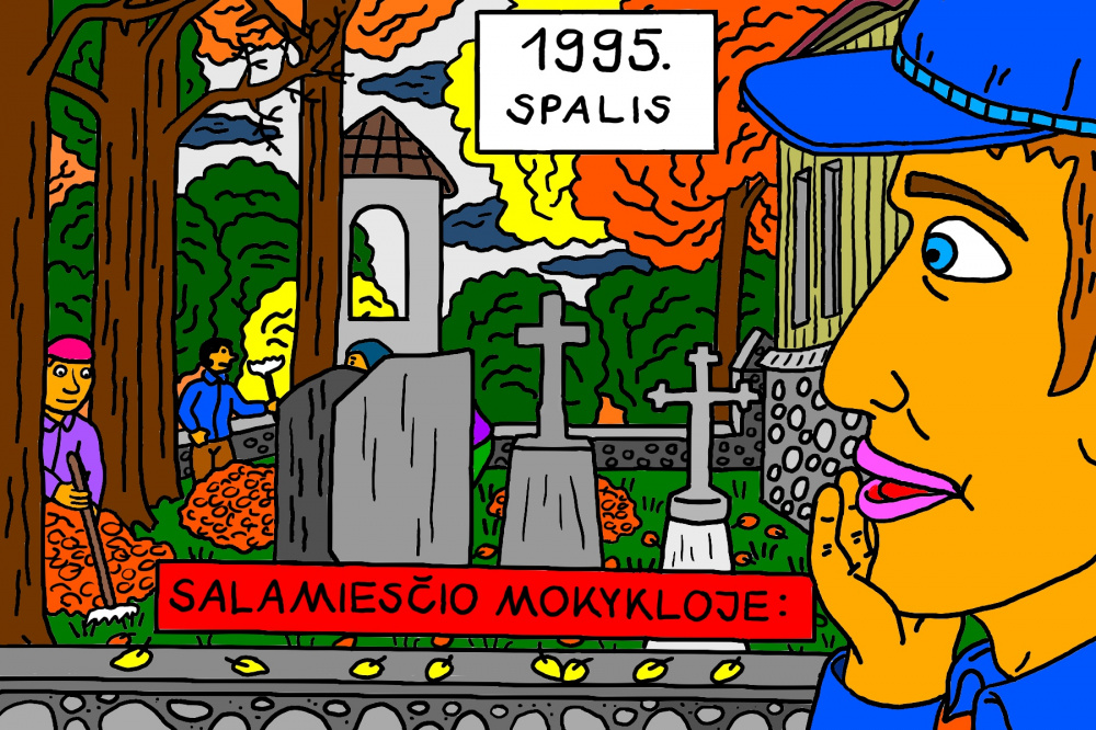Senas, mokyklinis Salamiesčio prisiminimas apie matytus lapų grėbėjus, pakeliui į namus