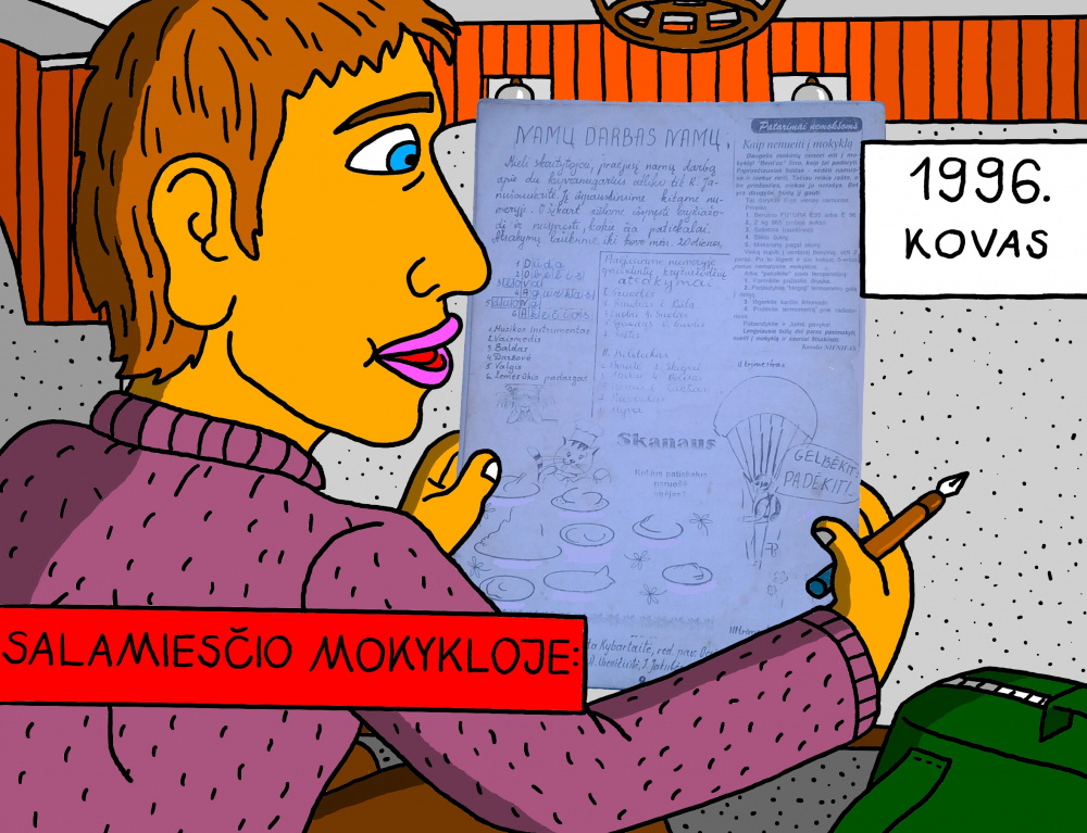 Senas, mokyklinis Salamiesčio prisiminimas apie laikraštėlio "Bildukas" skaitymą mokyklos koridoriuje