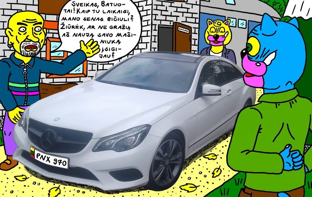 Džinas Butelys atvažiavo pas Batuotą Katiną Nyciuose, parodyti savo naują automobilį