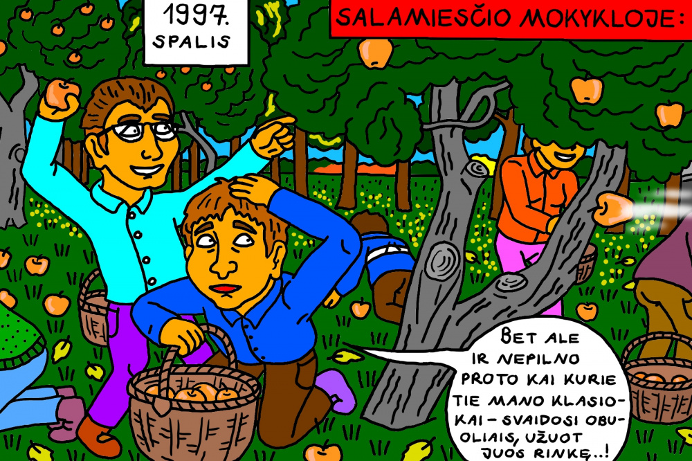 Senas, mokyklinis Salamiesčio prisiminimas apie patrakusį obuolių rinkimą mokyklos sode