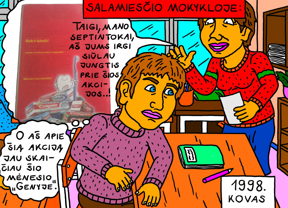Senas, mokyklinis Salamiesčio prisiminimas apie auklėtoją, pranešusią klasėje apie "Colgate" rengiamą akciją