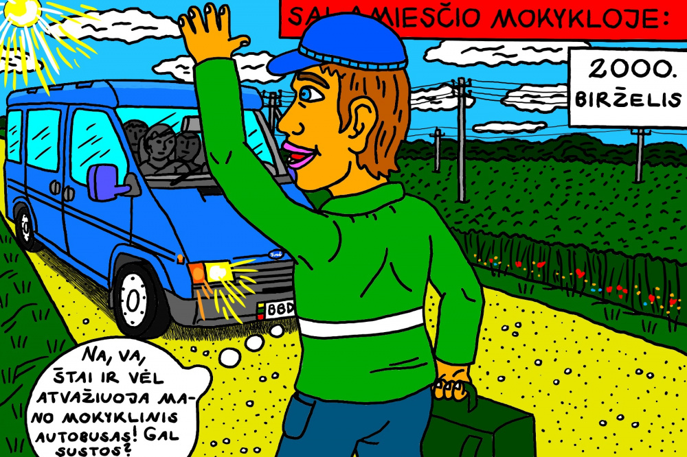 Senas, mokyklinis Salamiesčio prisiminimas apie stovėjimą rytą pakelėj, laukiant mokyklos autobusiuko
