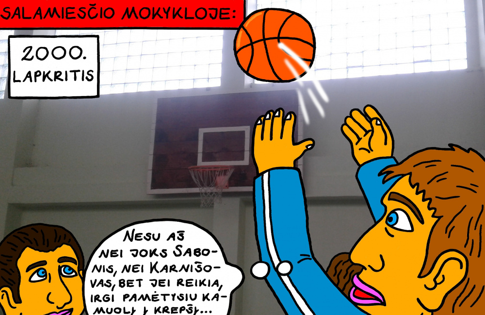 Senas, mokyklinis Salamiesčio prisiminimas apie krepšinio kamuolio mėtymą mokyklos sporto salėje