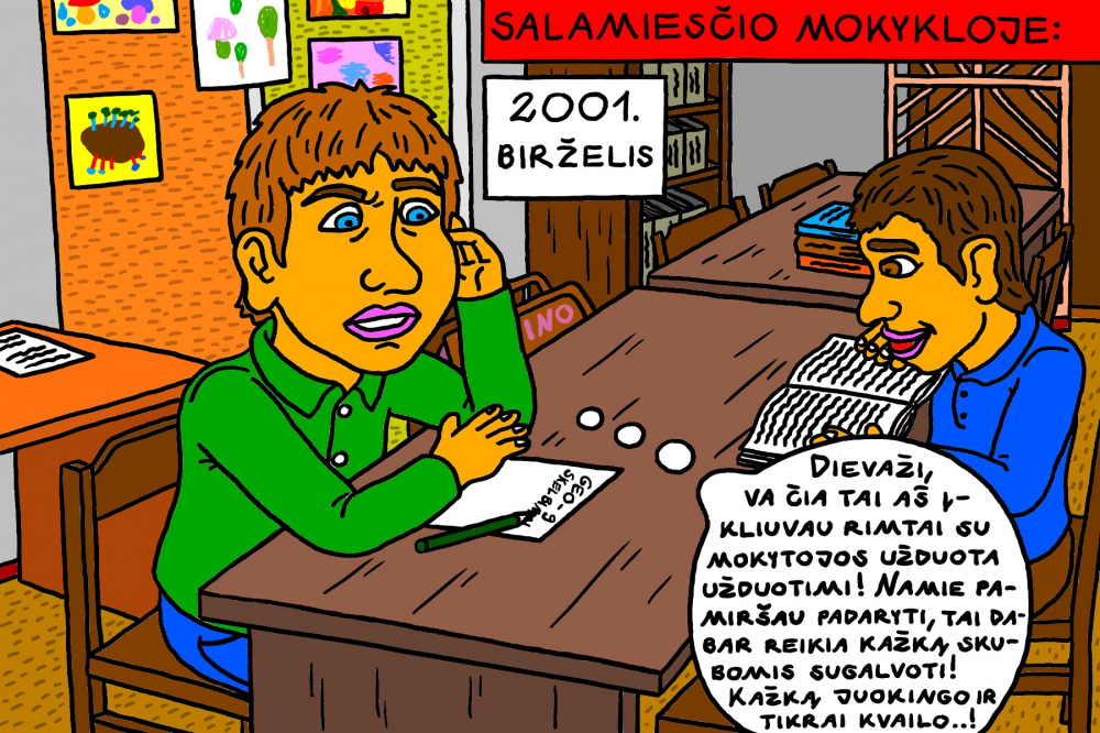 Senas, mokyklinis Salamiesčio prisiminimas apie skubomis galvojimą skelbimus klasės laikraščiui mokyklos bibliotekoje