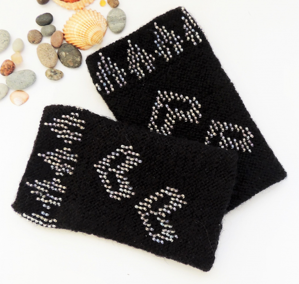 Hand-knitted black wristbands with beads. picture no. 3