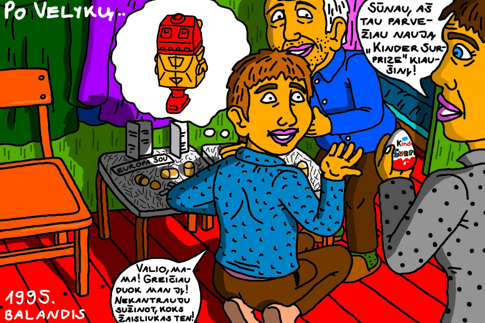Prisiminimas apie "Kinder Surprise" kiaušinio gavimo dieną mano namuose, žaidžiant su seneliu