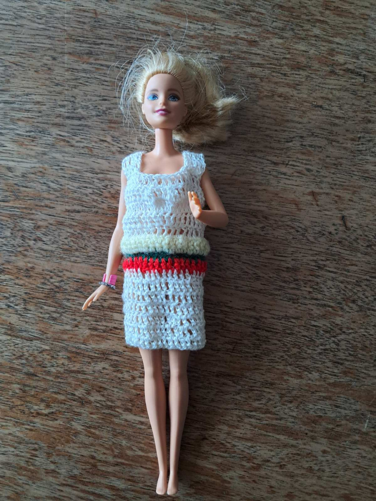 White tricolor dress for Barbie doll, handmade